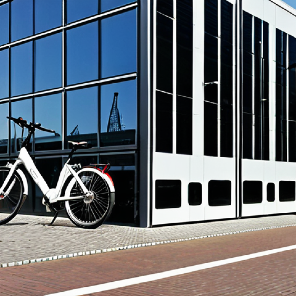 **

A modern building facade seamlessly integrated with thin-film solar panels (CdTe or CIGS) resembling architectural glass. Show a bright, sunny day in Amsterdam, highlighting the building's sustainable design and energy generation. Include a sleek electric bike parked nearby, symbolizing eco-friendly transportation.

**