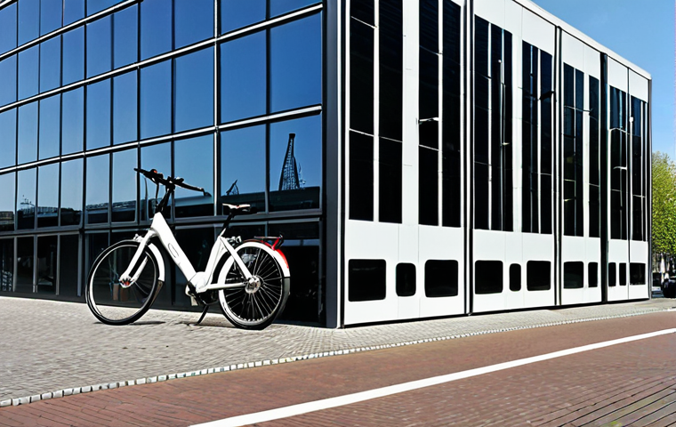 **

A modern building facade seamlessly integrated with thin-film solar panels (CdTe or CIGS) resembling architectural glass. Show a bright, sunny day in Amsterdam, highlighting the building's sustainable design and energy generation. Include a sleek electric bike parked nearby, symbolizing eco-friendly transportation.

**