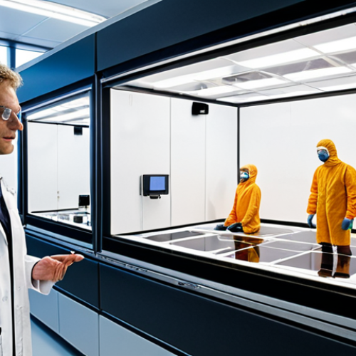 Home 6 **A solar panel testing laboratory in the Netherlands, featuring a climate chamber with a perovskite solar cell undergoing extreme temperature and humidity tests. Engineers in lab coats are observing the tests, with data displayed on monitors. The lab is clean and modern, reflecting Dutch innovation and technology.**