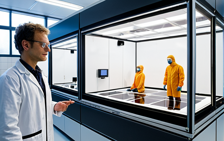 **A solar panel testing laboratory in the Netherlands, featuring a climate chamber with a perovskite solar cell undergoing extreme temperature and humidity tests. Engineers in lab coats are observing the tests, with data displayed on monitors. The lab is clean and modern, reflecting Dutch innovation and technology.**